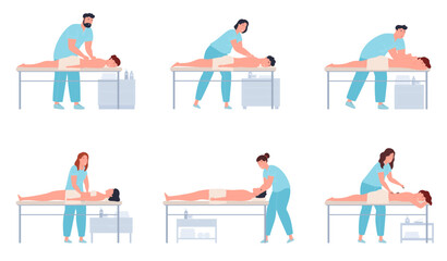 Professional massage therapists. People with spinal problems are treated with massage. Relaxing body warm-up. Vector illustration