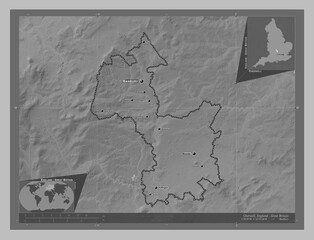 Cherwell, England - Great Britain. Grayscale. Labelled points of cities