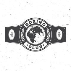 Boxing club badge, logo design. Hit like a girl. Vector illustration. For Boxing sport club emblem, sign, patch, shirt, template. Vintage monochrome label, sticker with champion belt Silhouette.