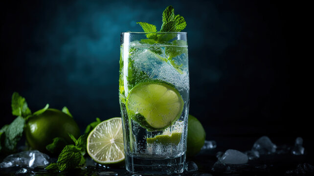 Summer drink mojito with lime mint and ice. Generative Ai