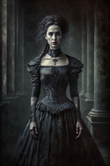 Illustration of woman with gothic victorian dress. Generative Ai
