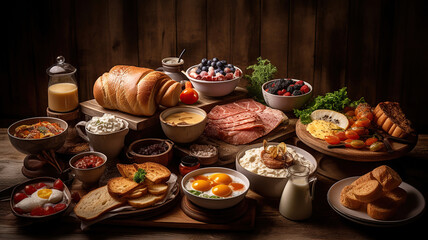 Obraz na płótnie Canvas Western big gourmet breakfast selection mixed dishes. Generative Ai