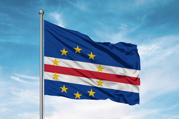 Cabo Verde national flag cloth fabric waving on beautiful sky Background.