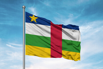 Central African Republic national flag cloth fabric waving on beautiful sky Background.