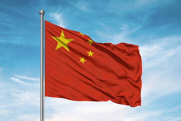 China national flag cloth fabric waving on beautiful sky Background.