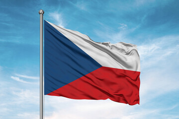 Fototapeta na wymiar Czech Republic national flag cloth fabric waving on beautiful sky Background.
