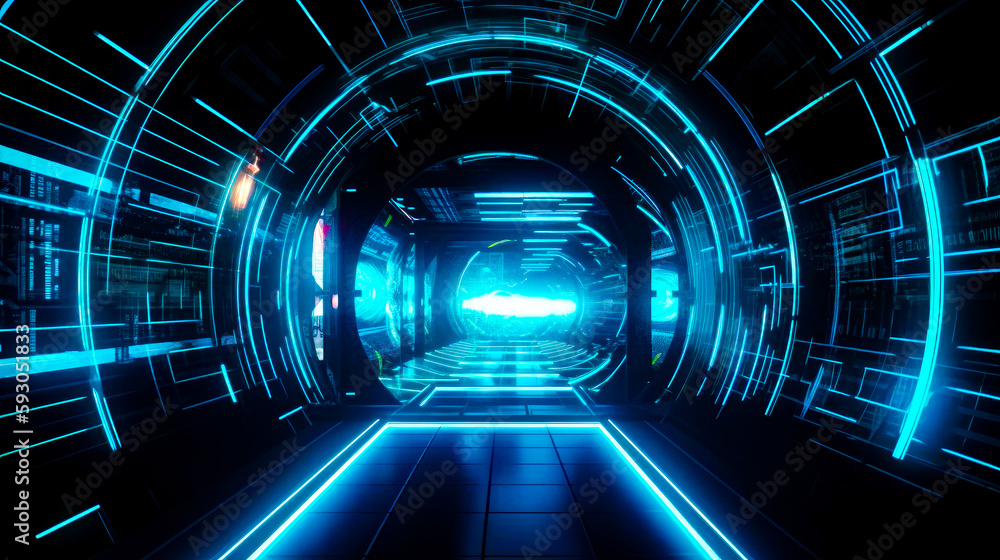 Poster dark tunnel with neon lights and blue light at the end of the tunnel. generative ai.