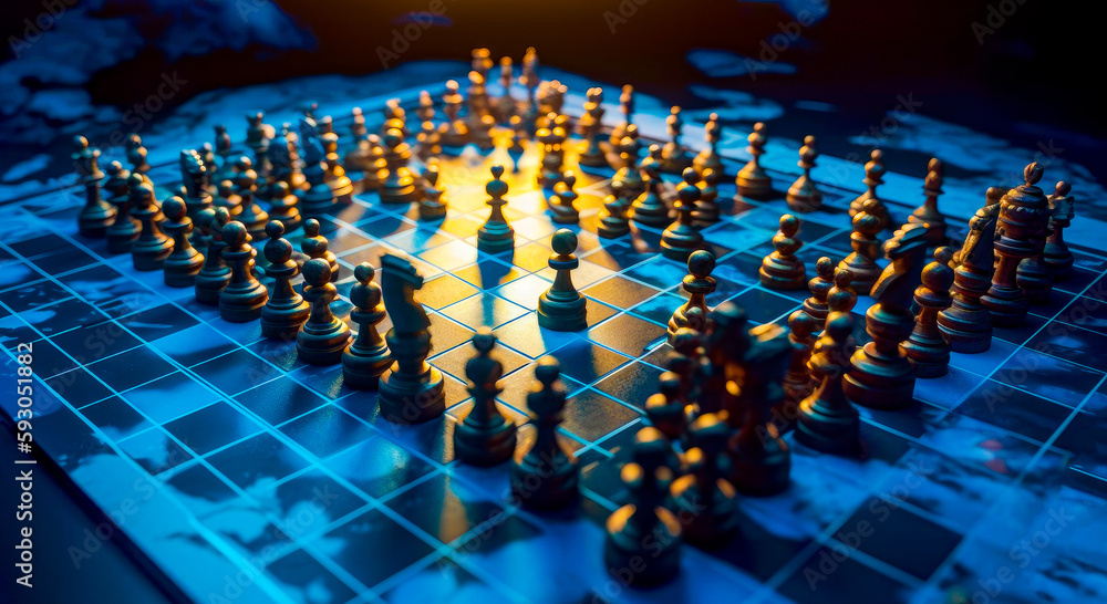 Poster close up of chess board with lot of chess pieces on it. generative ai.