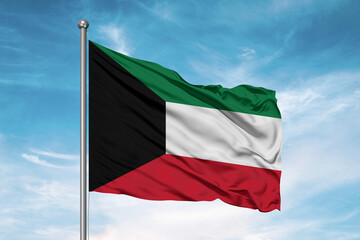 Fototapeta na wymiar Kuwait national flag cloth fabric waving on beautiful sky Background.