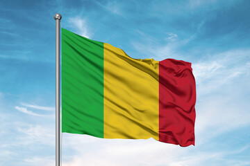 Mali national flag cloth fabric waving on beautiful sky Background.