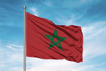 Naklejka na ściany i meble Morocco national flag cloth fabric waving on beautiful sky Background.