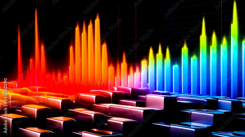 Poster image of colorful sound wave in dark room with black background. generative ai.