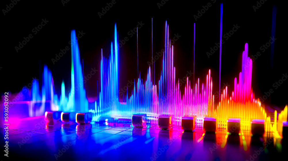 Poster colorful display of sound waves in dark room with black background. generative ai.