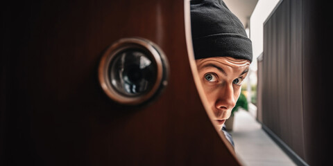 Evasive Eyes: A Thief Peeking Through a Front Door Peephole, home security advertising, privacy, generative ai - obrazy, fototapety, plakaty