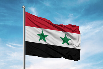 Fototapeta na wymiar Syria national flag cloth fabric waving on beautiful sky Background.
