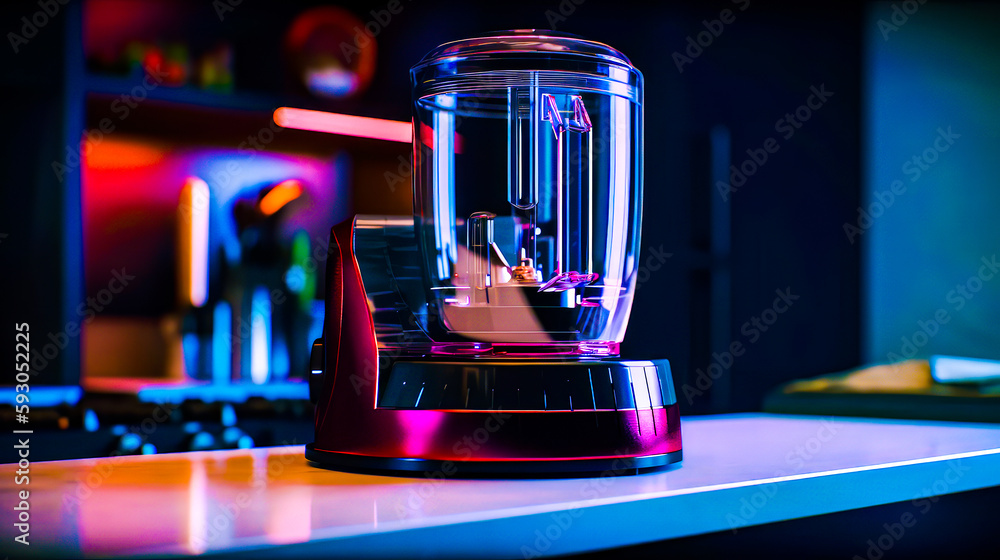 Poster close up of blender on table with blurry background. generative ai.