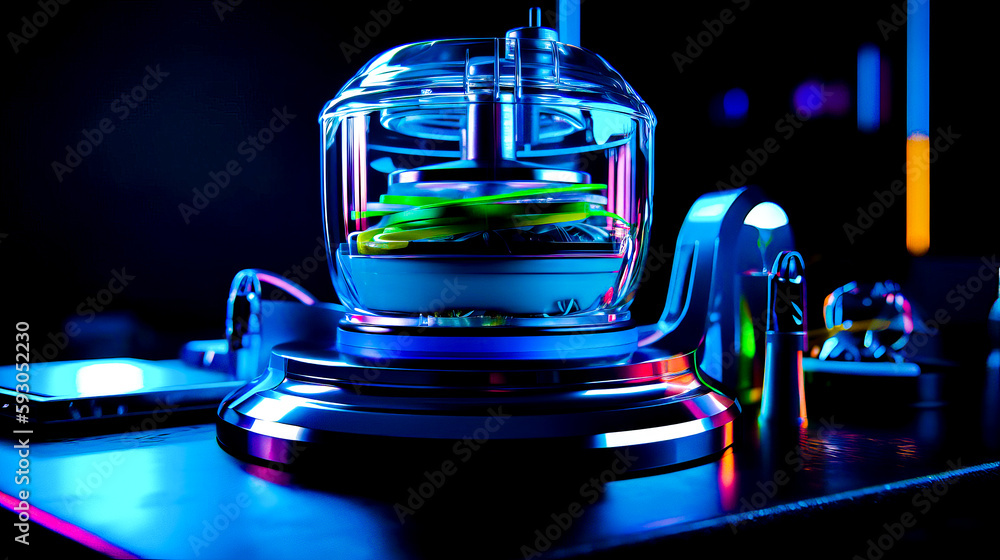 Poster close up of blender on table with black background. generative ai.