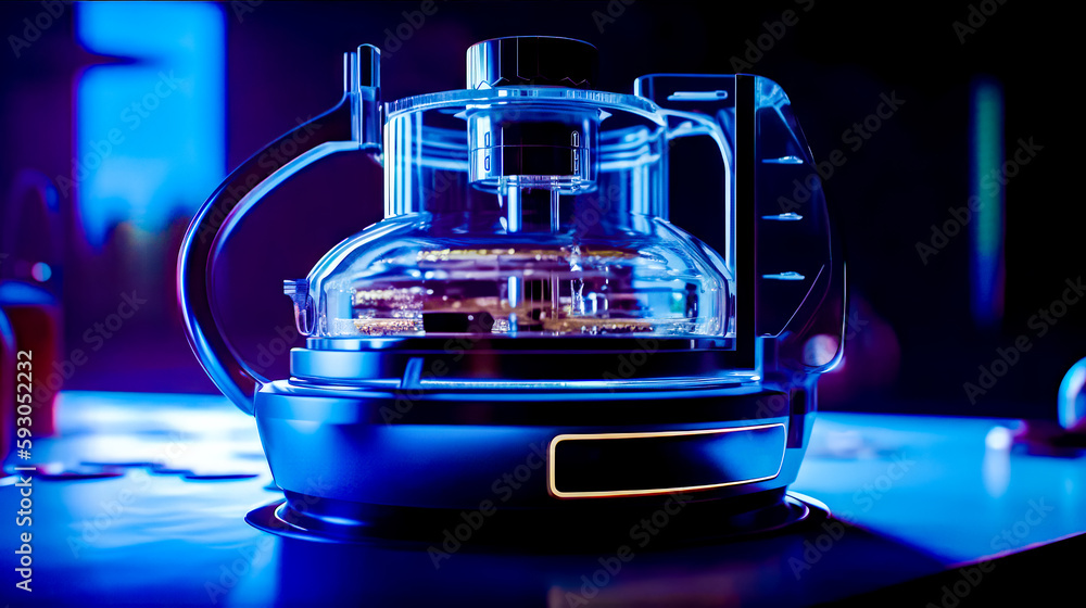 Aufkleber close up of machine on table with blue light in the background. generative ai.