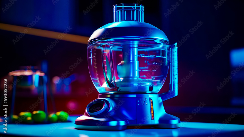 Poster blue blender sitting on top of counter next to other items. generative ai.