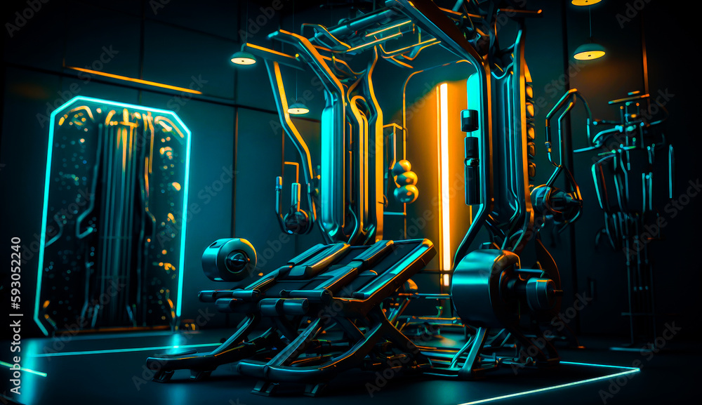 Aufkleber futuristic room with neon lights and large machine in the middle of it. generative ai.
