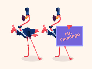 Mr. Flamingo holding a board