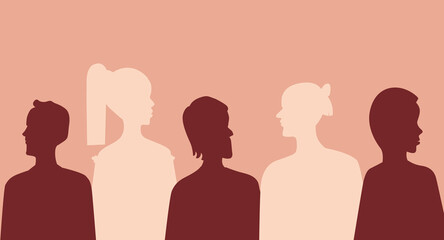 Diverse silhouettes of men and women. Concept for equality, activism. Various people standing together. Colorful silhouettes of human heads.