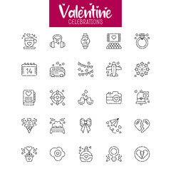Valentine's Day Icons: teddy bear. letter. ring with a diamond. sweetmeats. heart. rose. cupcake. strawberry in chocolate and gift. Vector illustration.