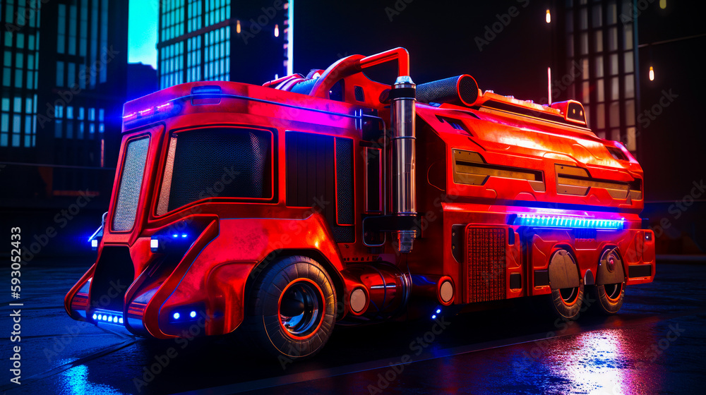 Poster large red truck parked in front of tall building with neon light on it's side. generative ai.