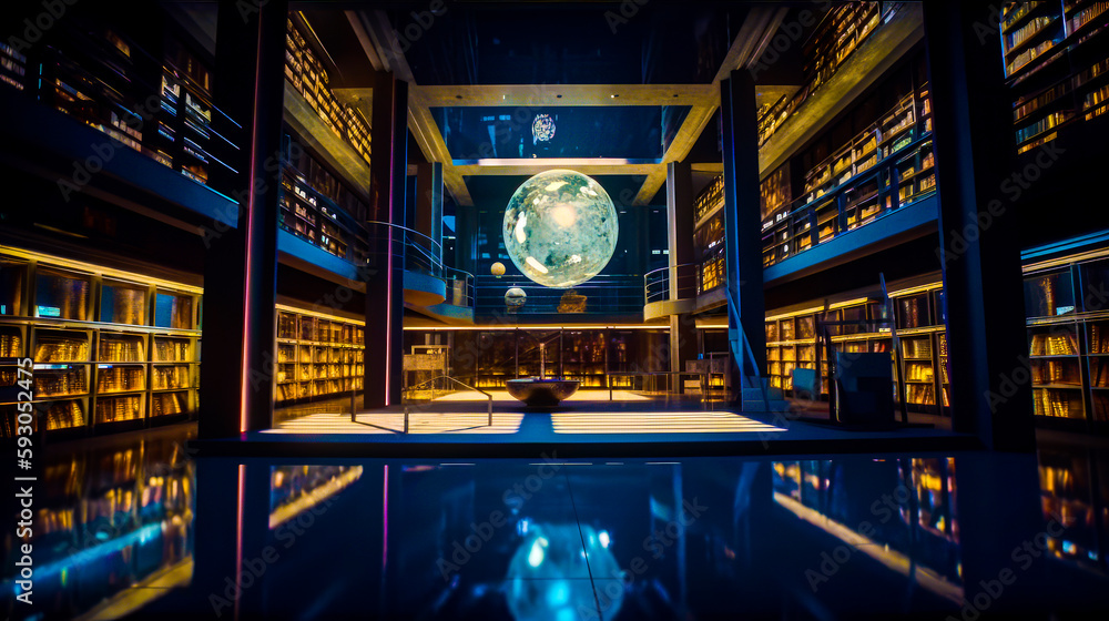 Poster library with pool in the middle of it and lots of books on the shelves. generative ai.