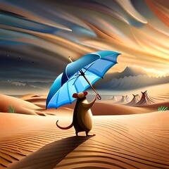 Cartoon Mouse with Blue Umbrella in the Desert, Sand Dunes, Cloudy Windy Sky, generative AI - obrazy, fototapety, plakaty
