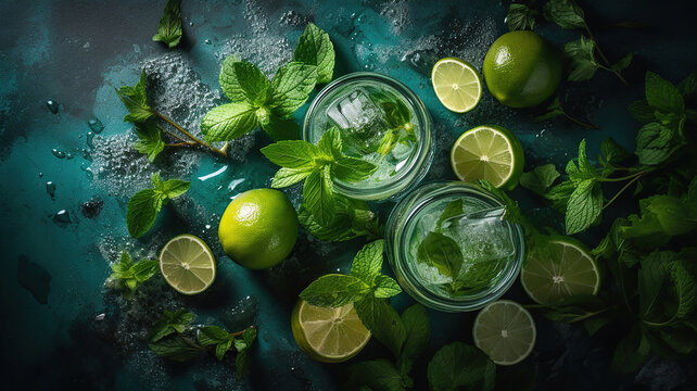 Summer drink mojito with lime mint and ice. Generative Ai