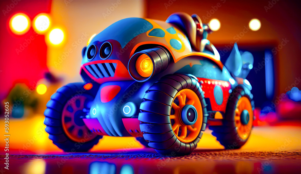 Poster toy car that is sitting on the floor in front of mirror. generative ai.