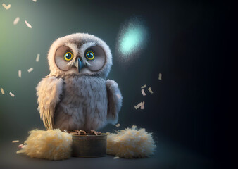 Owl looks into the camera. Rays of light. Banner. Copy space. Generative AI