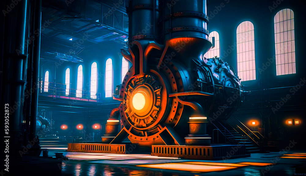 Poster train engine sitting inside of train station next to pool of water. generative ai.