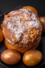 Delicious fresh Easter cake with fruits and raisins