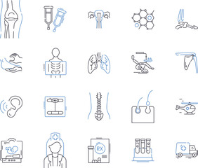 Health check up outline icons collection. Examination, Diagnosis, Reviews, Tests, Scans, Ultrasounds, Screening vector and illustration concept set. Screeners, Prevention, Measurements linear signs