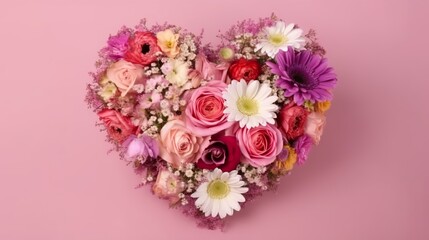 Bouquet of flowers in the form of a heart in a pink backgroun. Valentines Day. Mothers Day. 