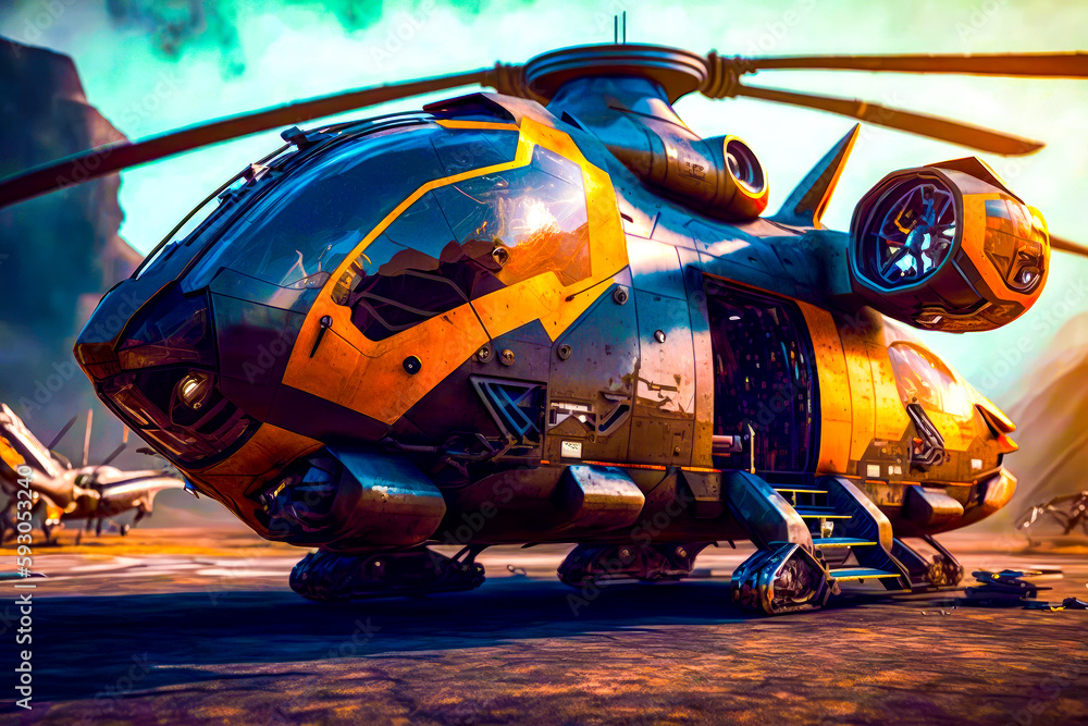 Poster close up of helicopter on runway with smoke in the background. generative ai.