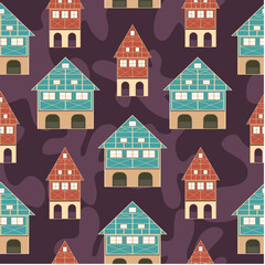 Seamless repeat pattern design with town house graphic vector. Town space for fashion fabric textile print for background, wallpaper, surface textures. Modern Contemporary art 