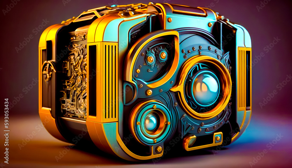 Aufkleber 3d image of speaker on gray background with yellow and blue design. generative ai.