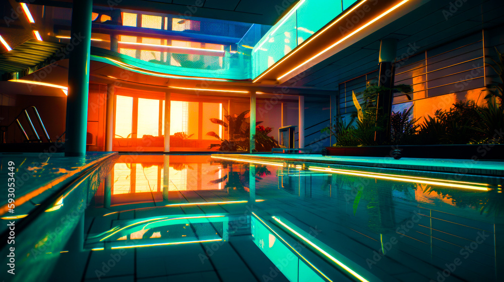Aufkleber swimming pool in large building with lot of lights on it. generative ai.