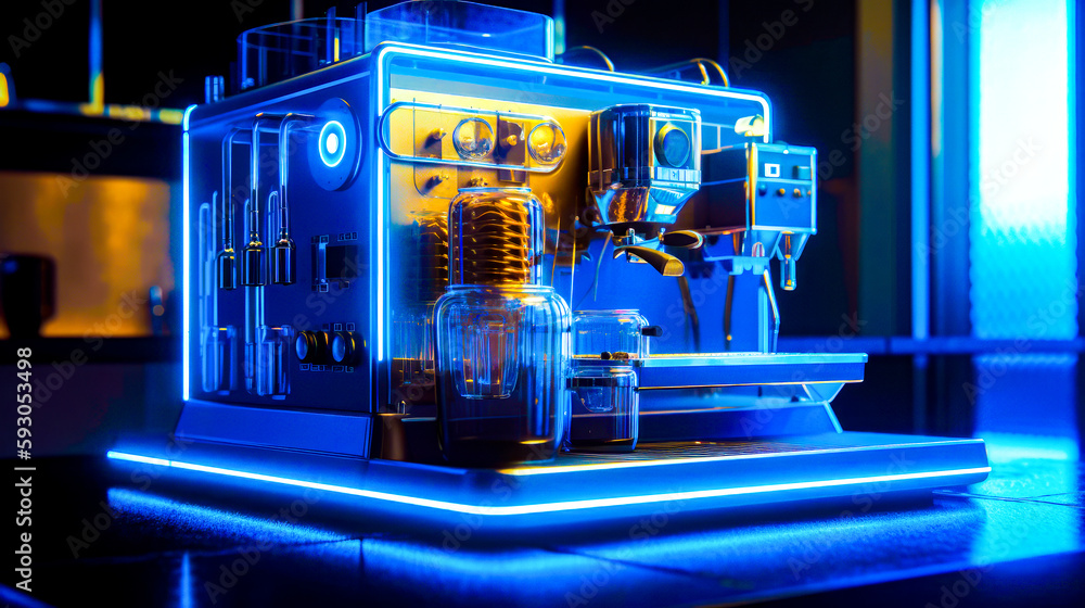 Aufkleber machine that is sitting on top of blue table with blue light on it. generative ai.