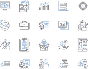 Accounting and finance outline icons collection. Accounting, Finance, Bookkeeping, Auditing, Taxation, Budgeting, CPA vector and illustration concept set. GAAP, Assets, Liabilities linear signs