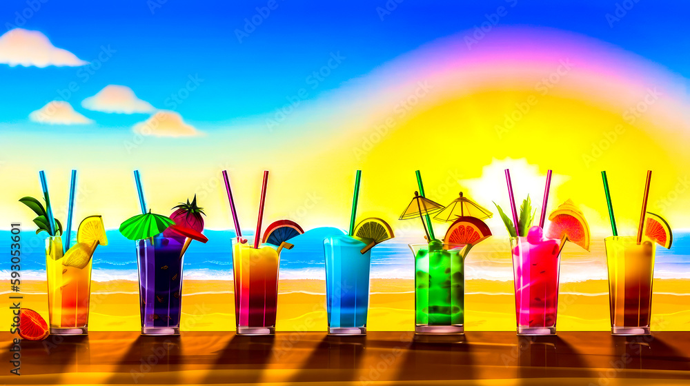 Poster row of colorful drinks sitting on top of wooden table next to the ocean. generative ai.