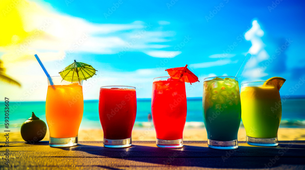 Poster row of different colored drinks sitting on top of table next to the ocean. generative ai.