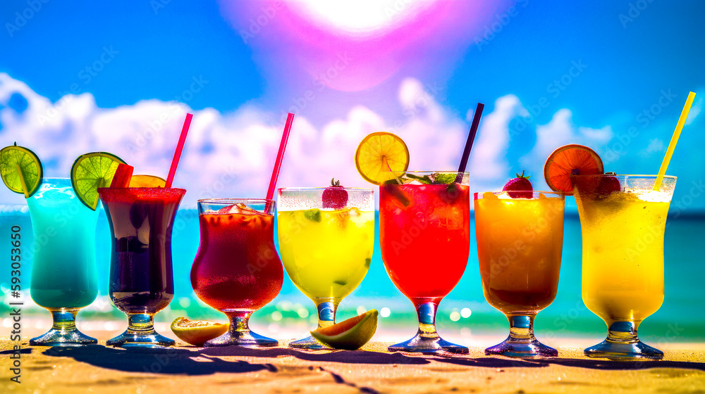 Poster row of colorful drinks sitting on top of beach next to the ocean. generative ai.