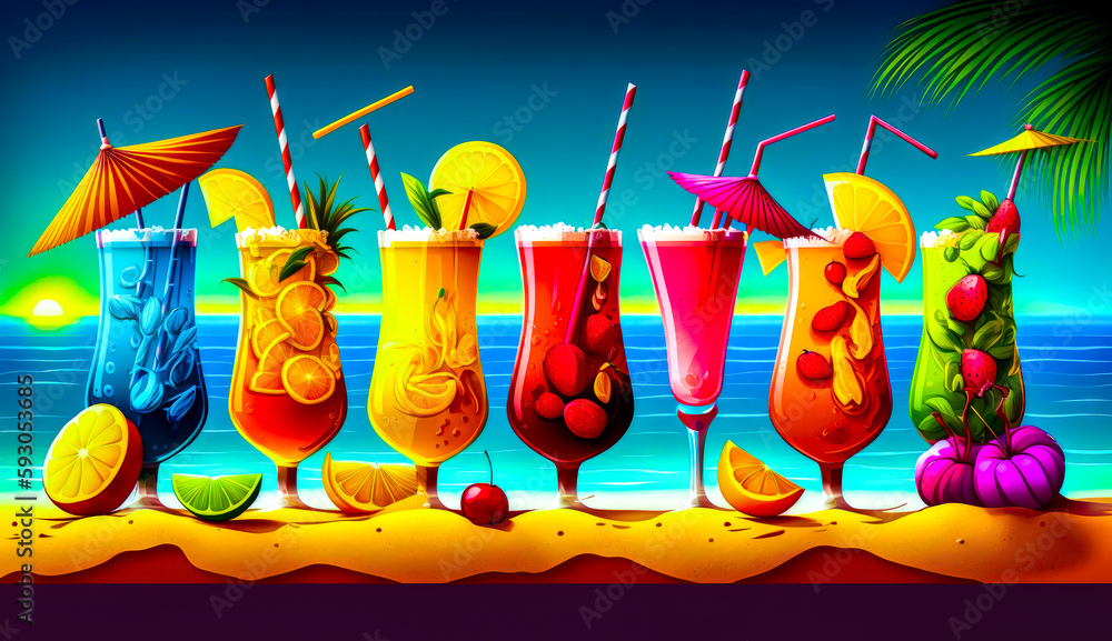 Poster row of different types of drinks sitting on top of sandy beach. generative ai.