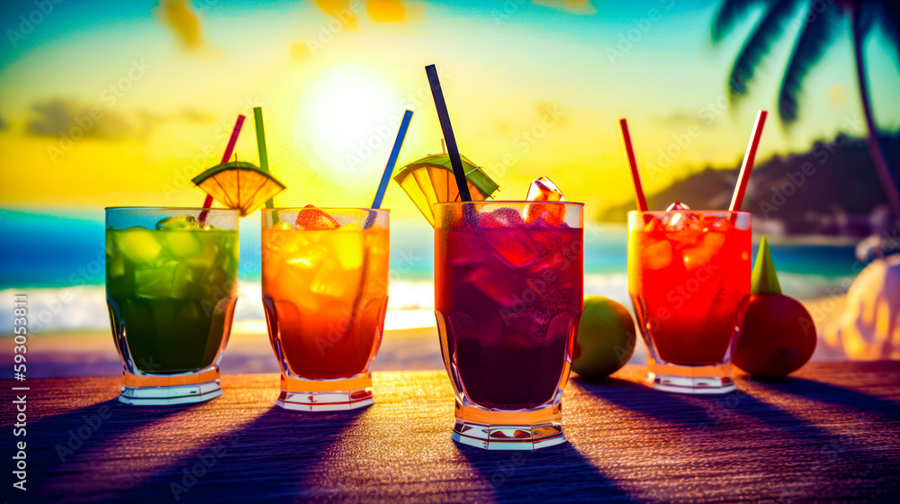 Poster row of colorful drinks sitting on top of table next to the ocean. generative ai.