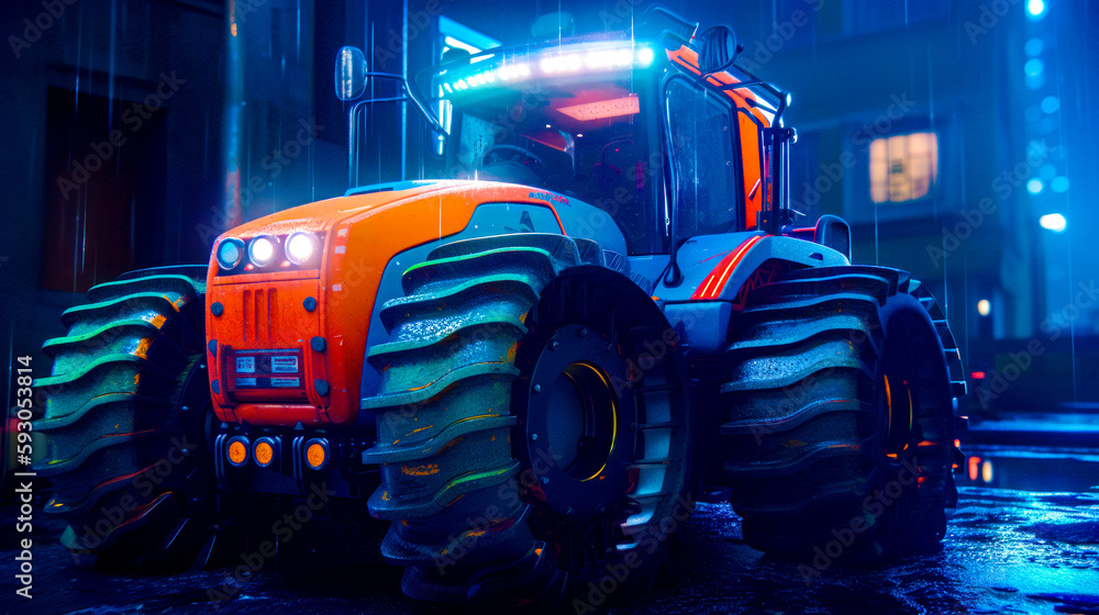 Aufkleber large tractor parked in front of building with bright light on top of it. generative ai.