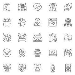 Valentine's Day Icons: teddy bear. letter. ring with a diamond. sweetmeats. heart. rose. cupcake. strawberry in chocolate and gift. Vector illustration.